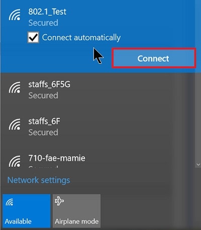 a screenshot of Windows 10 wireless network setup